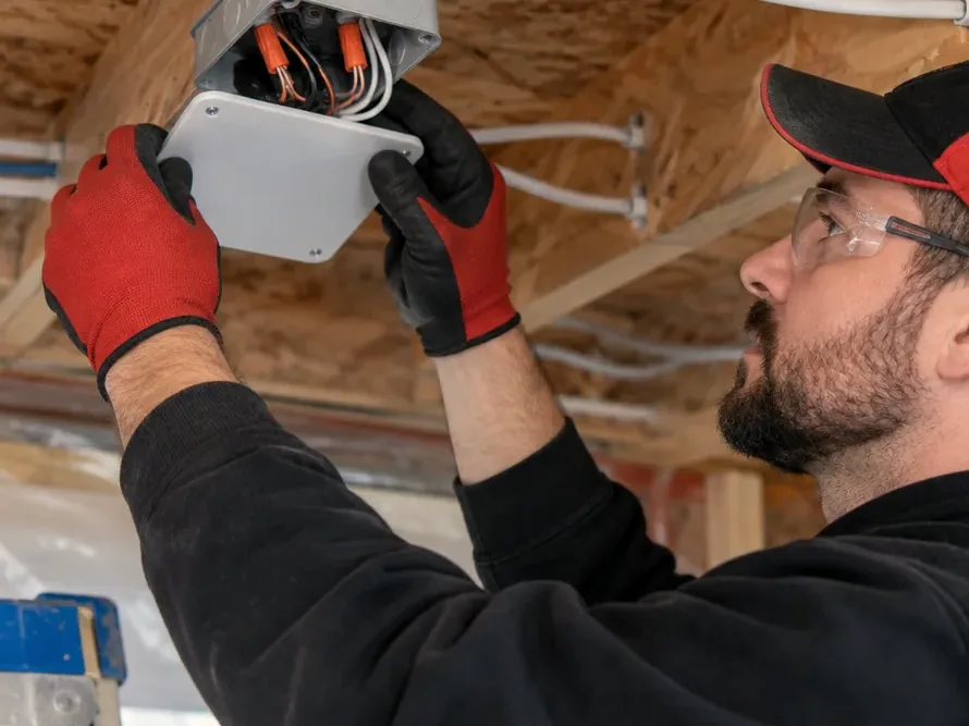 Electrician wiring a junction box in open basement ceiling framing