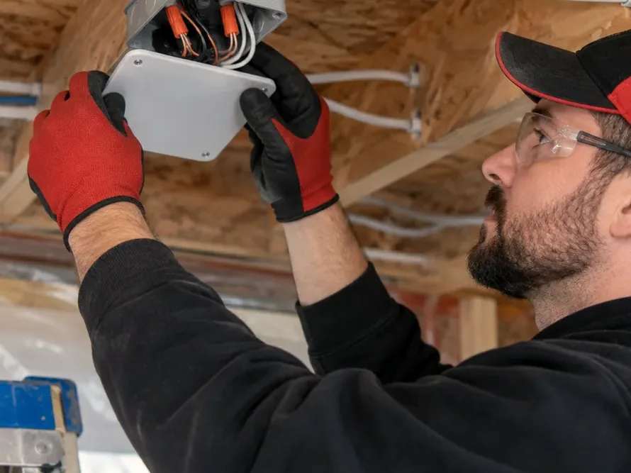 Electrician wiring a junction box in open ceiling framing