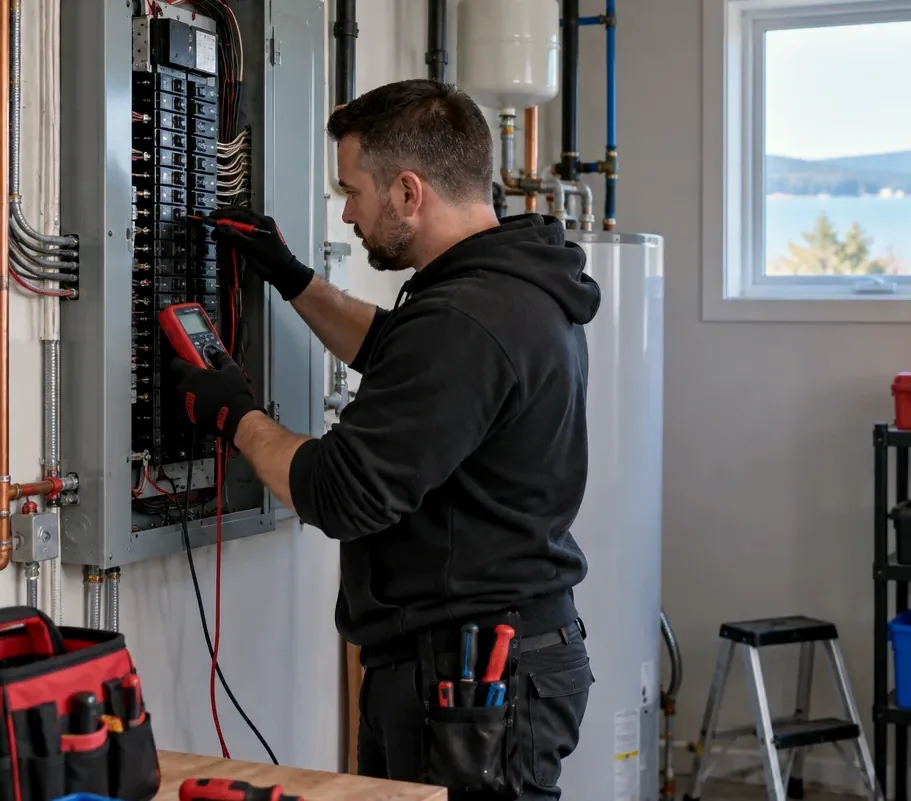 Caledonia electrician testing an open residential electrical panel
