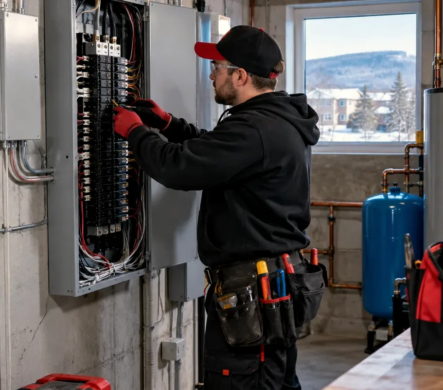 Electrician working on a panel in a utility room