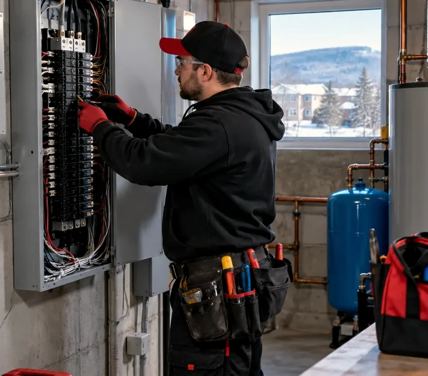 Commercial electrician working on an electrical panel in a utility room