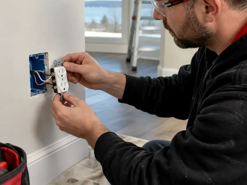 Electrician installing and testing a wall receptacle