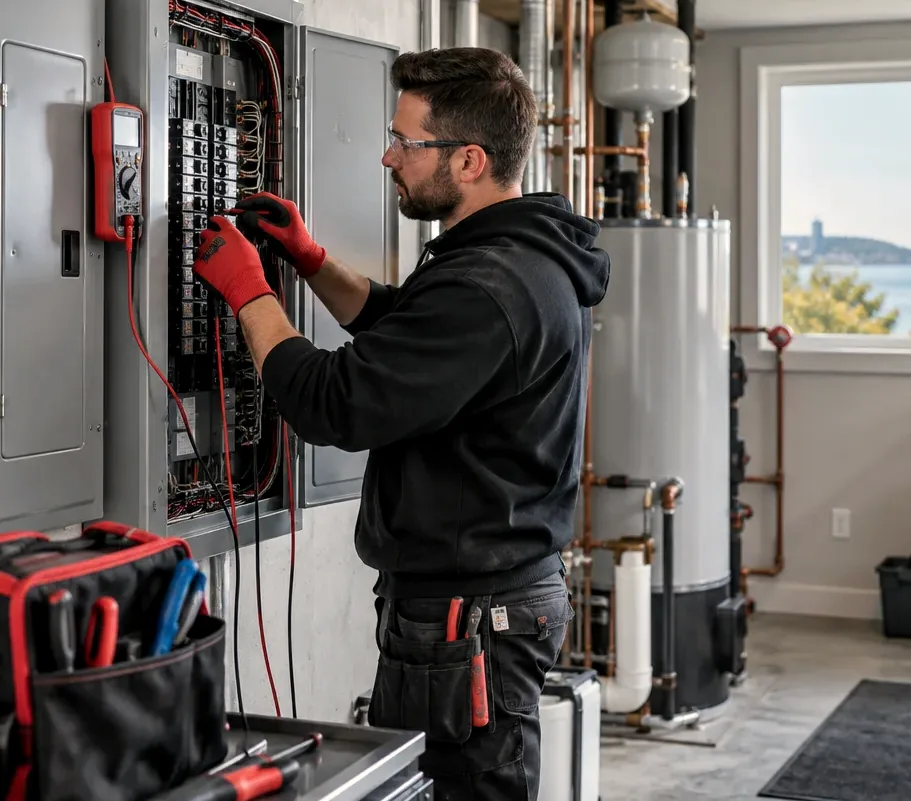 Electrical contractor checking breakers in a residential panel