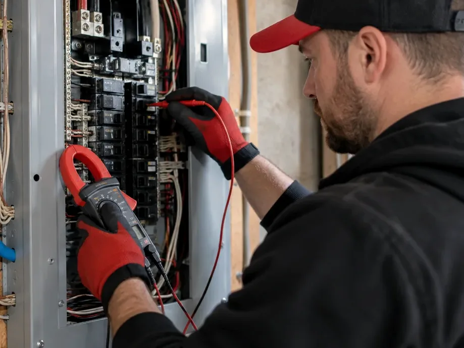 Electrician measuring current inside a breaker panel during a panel upgrade