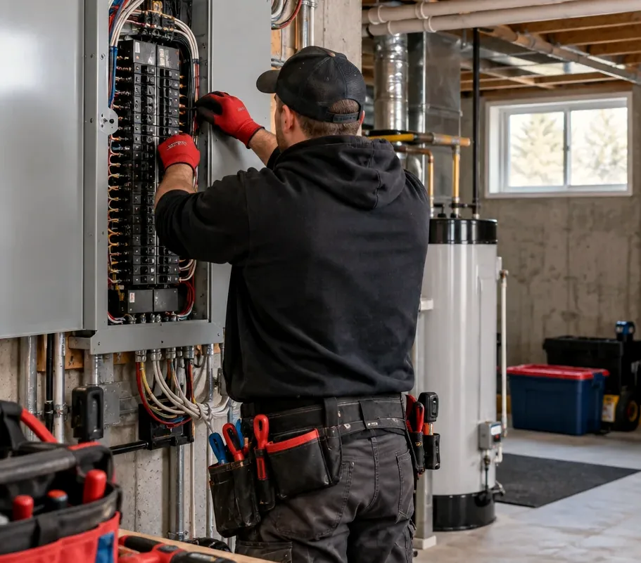 Electrician working on a breaker panel in an unfinished basement
