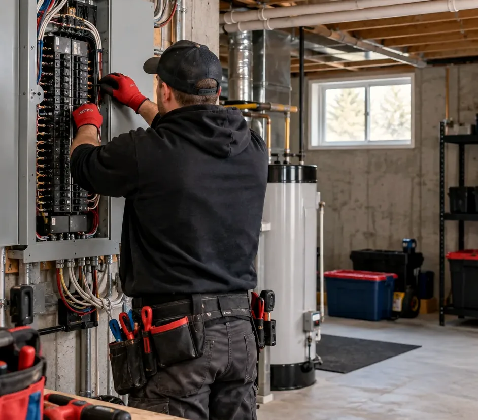 Electrician working on a breaker panel to add an EV charger circuit