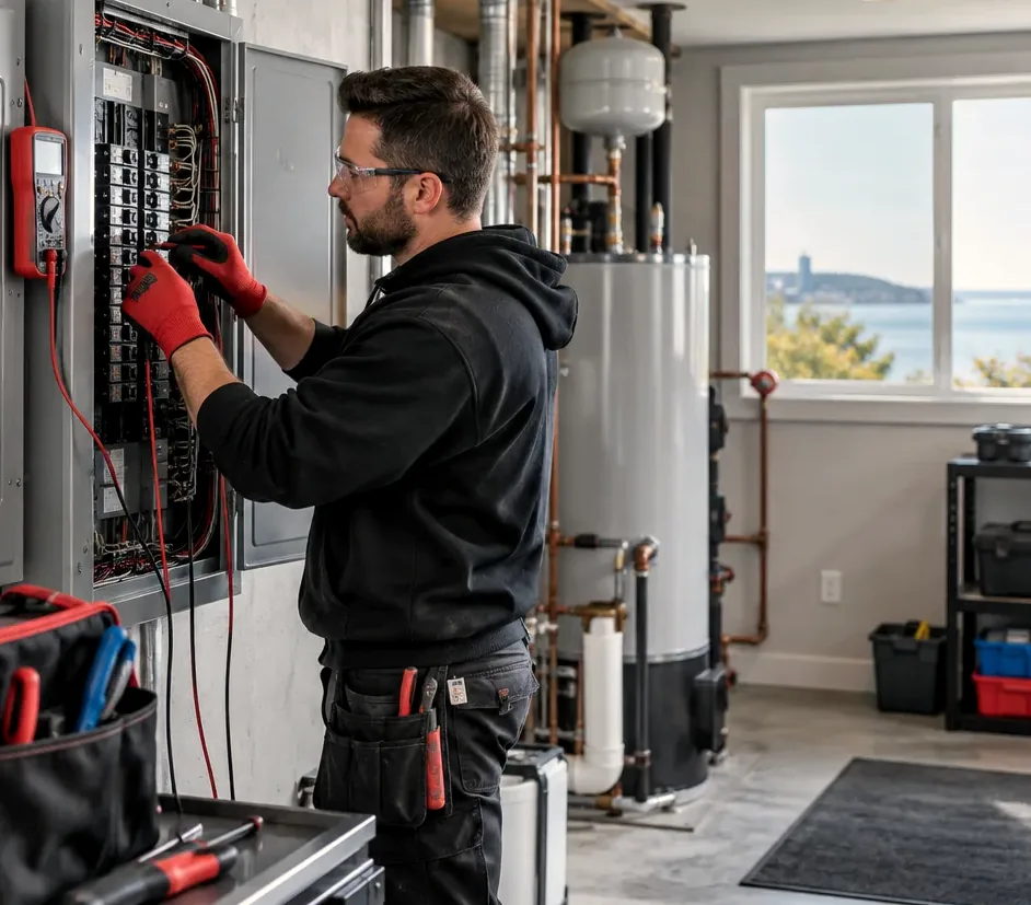 Electrician checking breakers in a residential panel before a generator hookup