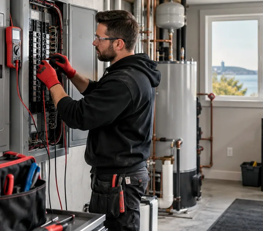 Electrician checking breakers in a residential electrical panel