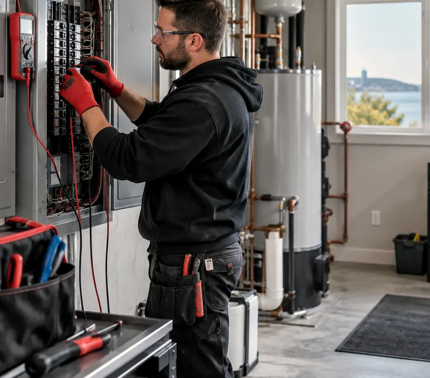 Electrician checking breakers in a residential panel for a hot tub circuit