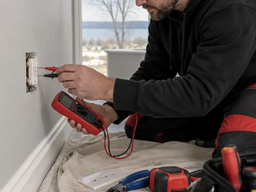 Electrician testing an outlet while checking older home wiring