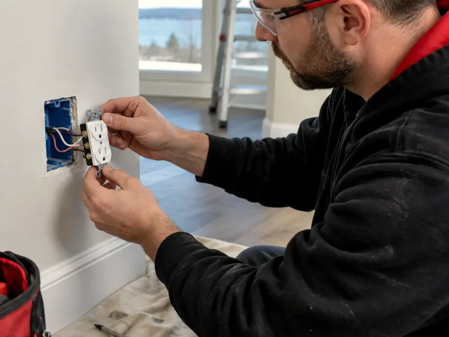 Lighting contractor installing and testing a wall switch and outlet