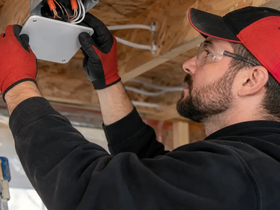 Electrician wiring a junction box in new construction framing