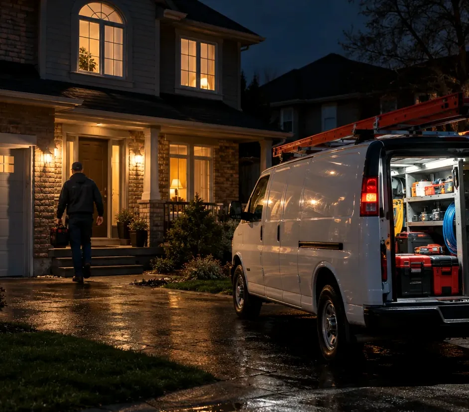 Home exterior lit up at night with an electrician's van in the driveway