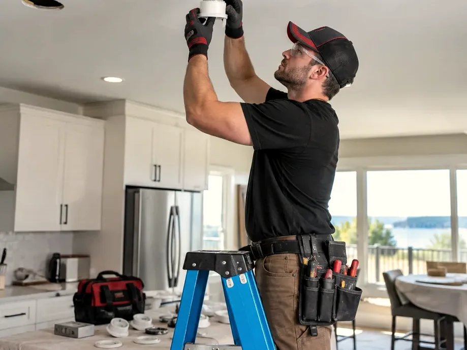 Electrician installing a ceiling light in a bright kitchen